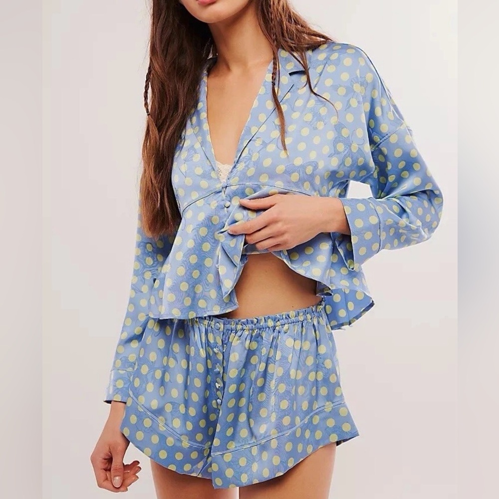 Free People Blue and Yellow Polka Dot Pajama Set